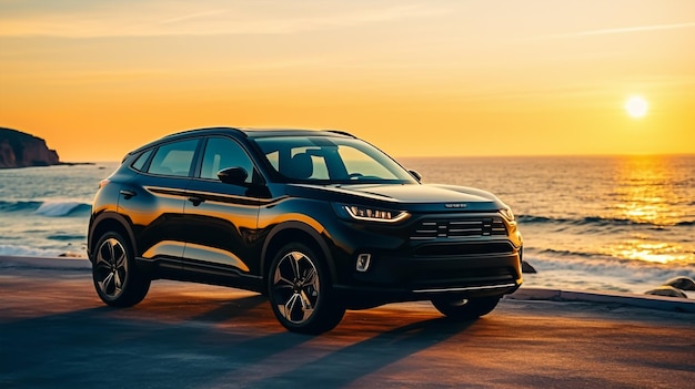 een merkloze generieke SUV op het strand bij zonsondergang