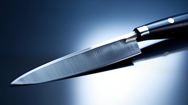 Een mes met een zwart handvat staat op een blauwe achtergrond.