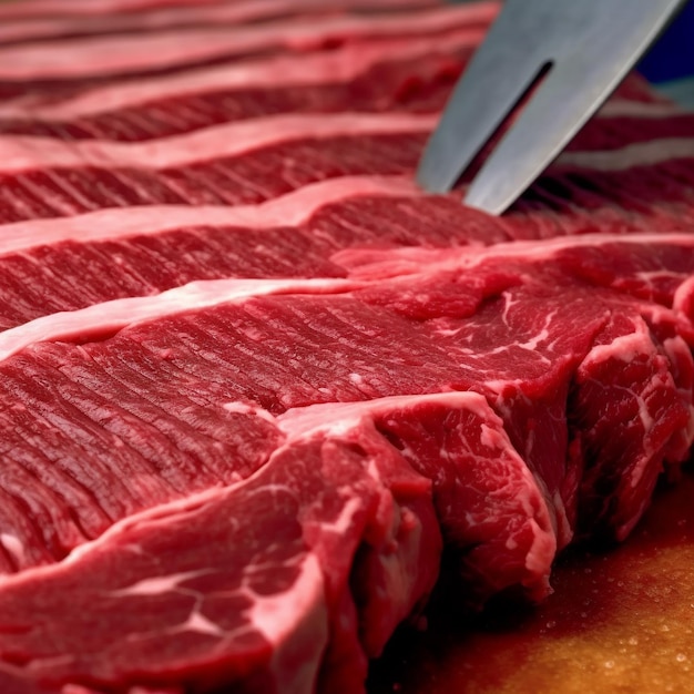 een mes snijdt een groot stuk vlees met een scherp mes.