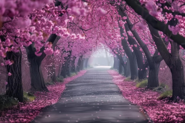 Een met bomen omzoomde weg met roze bloeiende bomen