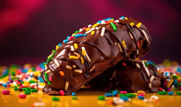 Een met chocolade bedekte donut met hagelslag erop