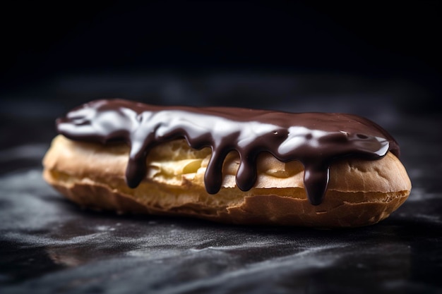 Foto een met chocolade omhulde donut met een donkere achtergrond