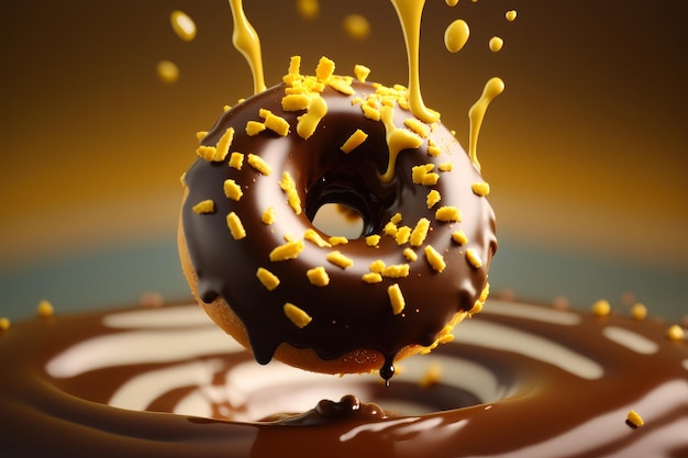 Een met chocolade omhulde donut wordt in chocolade gedoopt