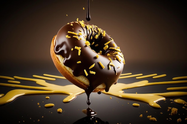 Een met chocolade omhulde donut wordt in chocolade gedoopt