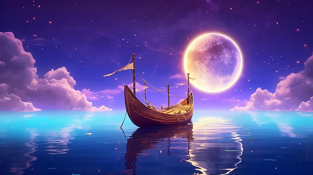 Een met de maan verlichte boot op het water