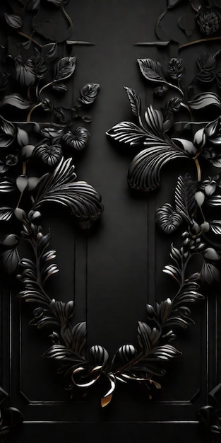 Een met kransen versierde zwarte deur met een charmante mix van bloemen en bladeren