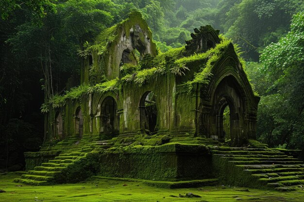 Foto een met mos bedekt gebouw staat prominent te midden van het dichte gebladerte van een bos dat perfect past bij zijn natuurlijke omgeving. met mos bedekte ruïnes in een groen regenwoud.
