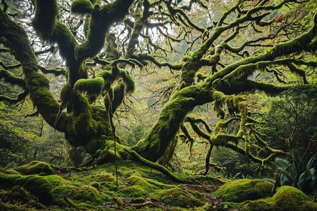 Foto een met mos bedekte boom in het midden van een bos