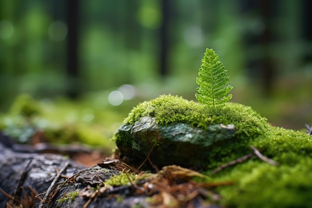 Een met mos bedekte groene steen op een wazige bosachtergrond