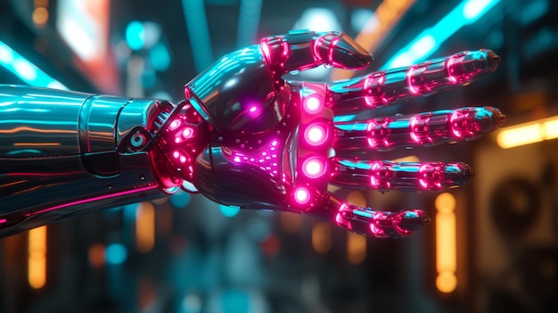 Een met neon verlichte robothand, een symbool van innovatie en precisie-engineering.