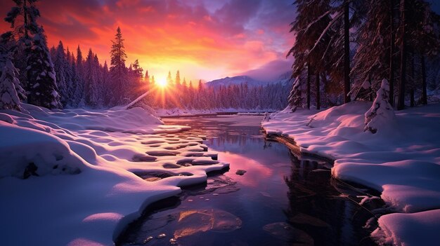 Een met sneeuw bedekt bos is te zien bij de zonsondergang in de stijl van betoverende kleuren landschappen helderheid o