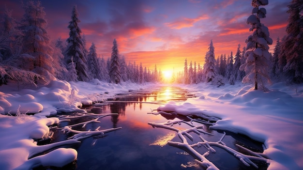 Een met sneeuw bedekt bos is te zien bij de zonsondergang in de stijl van betoverende kleuren landschappen helderheid o