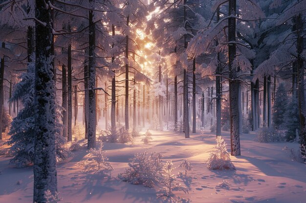 Een met sneeuw bedekt bos verlicht door de zachte gloed