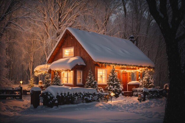 Een met sneeuw bedekt kersthuis omringd door een deken van vers gevallen sneeuw verlicht