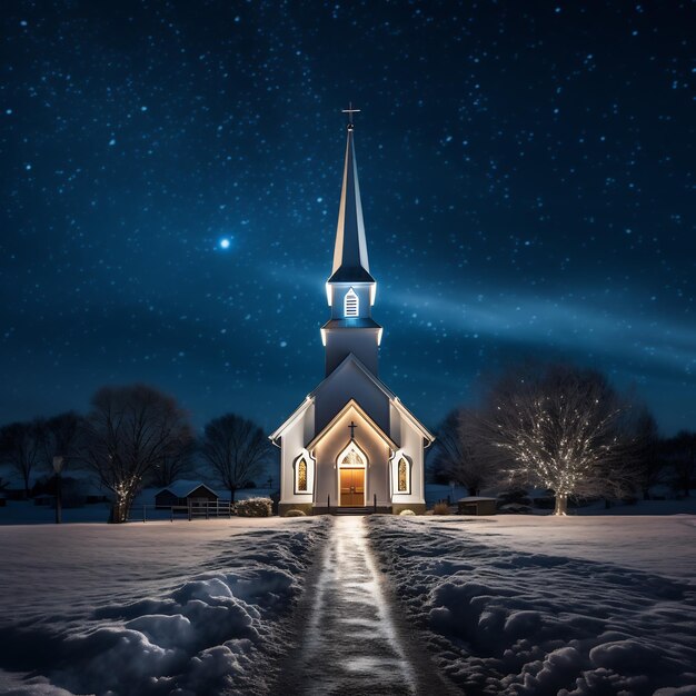 Een met sneeuw bedekte schilderachtige landelijke kerk met een startende toren verlicht tegen de nachtelijke hemel die oproept