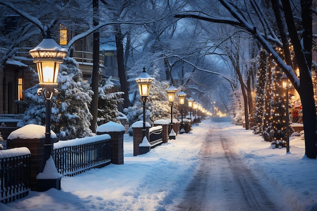 Een met sneeuw omzoomde straat met lantaarns in Victoriaanse stijl die de sneeuw en bomen verlichten