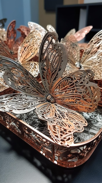 Een metalen doos met vlinders erop