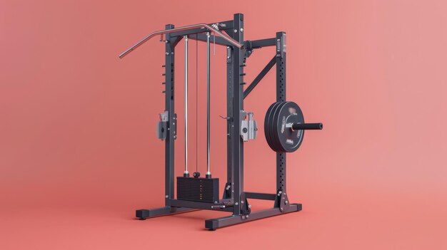 Een metalen gymmachine met een balk tegen een levendige roze achtergrond