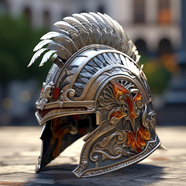 een metalen helm met een rood-gouden ontwerp