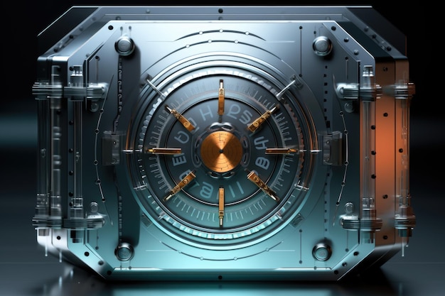 Een metalen kluisdeur met een klok erop Concept voor cybersecurity om cryptocurrency te beschermen