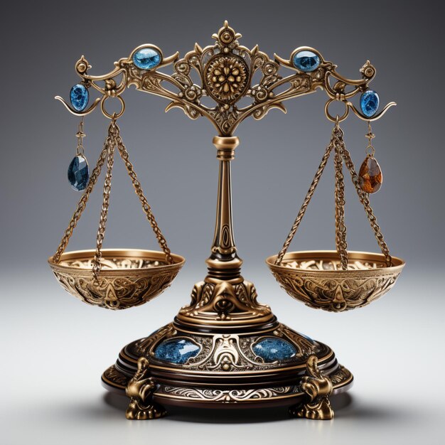 een metalen weegschaal van gerechtigheid in de stijl van goud en blauwe edelstenen realistische weergave juridisch concept