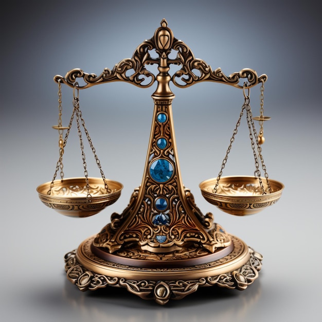 een metalen weegschaal van Justitie in de stijl van goud en blauwe edelstenen realistische weergave juridisch concept