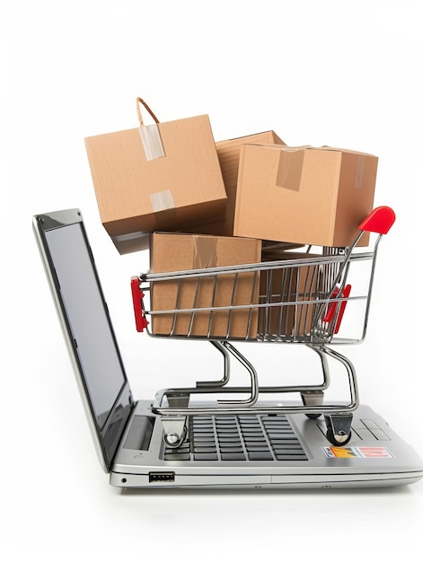 Een metalen winkelwagentje gevuld met kartonnen dozen is gepositioneerd op een laptop die de verbinding tussen digitale bestellingen en fysieke productlevering in het e-commerce-ecosysteem symboliseert