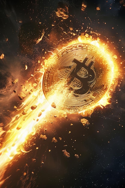 Foto een meteoor in de vorm van een bitcoin die de botsing van innovatie en lot symboliseert.