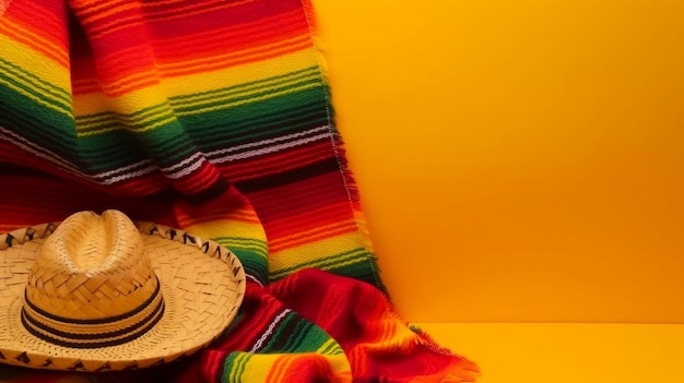 Een Mexicaanse hoed zit op een kleurrijke deken naast een Mexicaanse deken.