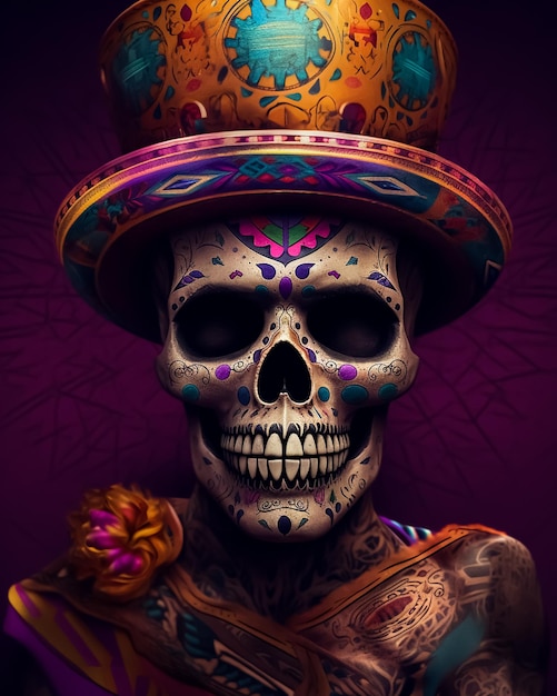 Een Mexicaanse kleurrijke tattoo-schedel met een traditionele hoed en bloemen erop