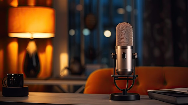 Een microfoon op een bureau in een gezellige moderne podcast studio kamer