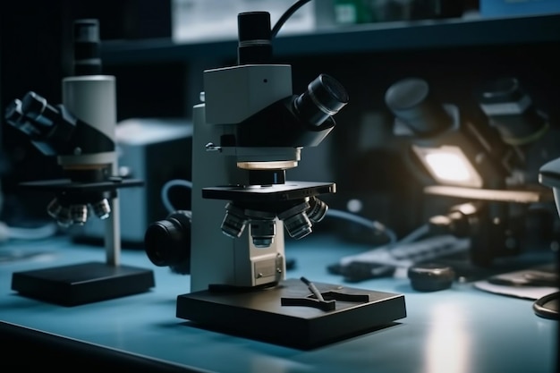 Een microscoop staat op een tafel in een laboratorium met een lamp erop.