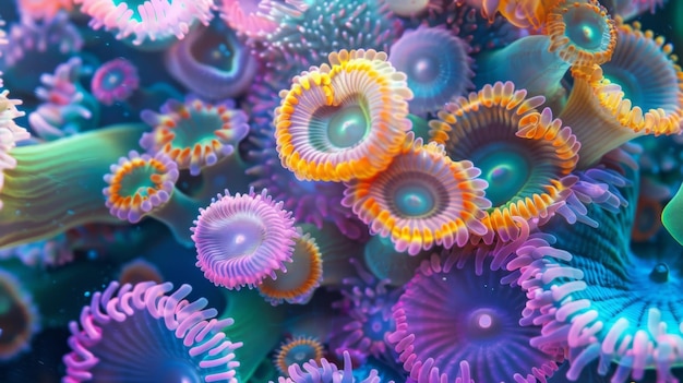 Een microscopisch beeld van een levendig koraalrif met kleurrijk plankton en micro-organismen die in het water dansen