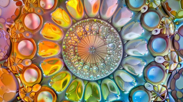 Foto een microscopische weergave van een kolonie diatomeen schelpen met een mozaïek van symmetrische en kaleidoscopische