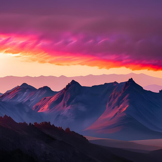 Een middag zonsondergang cascades over pieken bergen bedekt met lagen