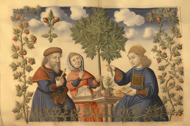 Foto een middeleeuws manuscript met miniaturen van mensen die marihuana roken laat een achtergrondillustratie achter