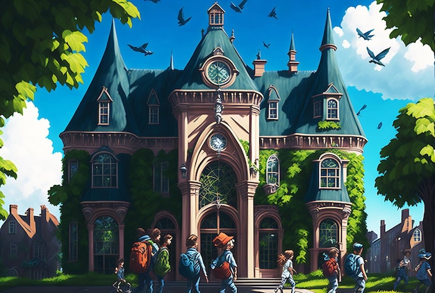 Een middeleeuwse architectuur kasteel cartoon abstracte illustratie kunst groen met veld