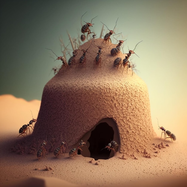 Een mierenkolonie bouwt zijn nest Ai