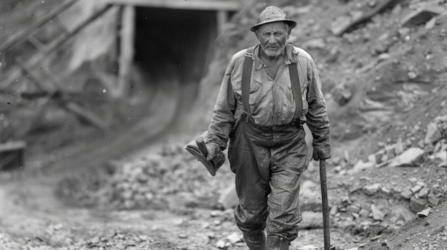 Een mijnwerker loopt vermoeid een steile helling op met zijn pik over zijn schouder en zijn laarzen gekakt.