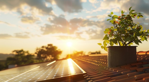 Een milieuvriendelijk modern huis met grote zonnepanelen op het dak tijdens de schemering toont een duurzaam leven en energie-efficiëntie