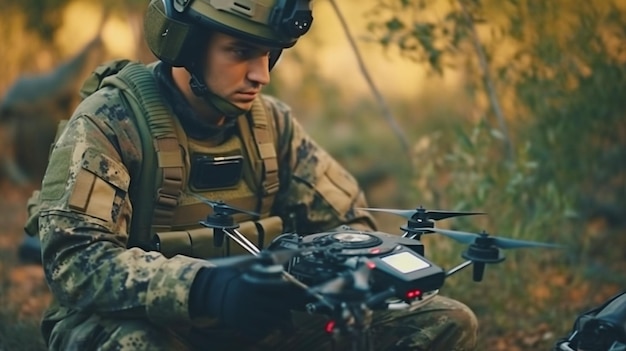 Een militaire soldaat bestuurt een drone om de positie van een tegenstander te verkennen Generatieve AI en slimme militaire concepten met behulp van quadrocopters