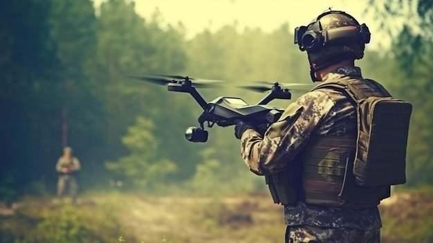 Een militaire soldaat bestuurt een drone om de positie van een tegenstander te verkennen Generatieve AI en slimme militaire concepten met behulp van quadrocopters