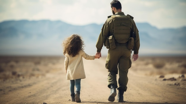 Een militaire soldaat en een klein meisje lopen over een onverharde weg midden in de woestijn