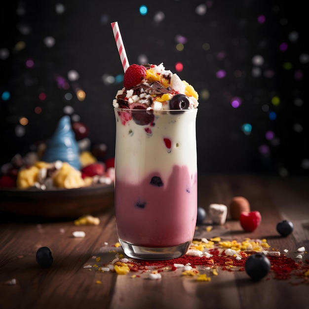 een milkshake met bessen en andere toppings