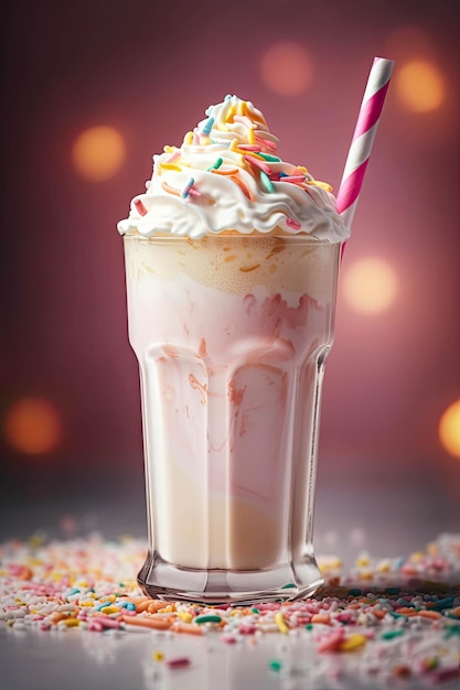 Een milkshake met regenboogsnoepjes erop