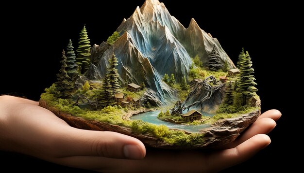 Een miniatuur berg licht omhelsd met beide handen compleet met hoge details beken en boom