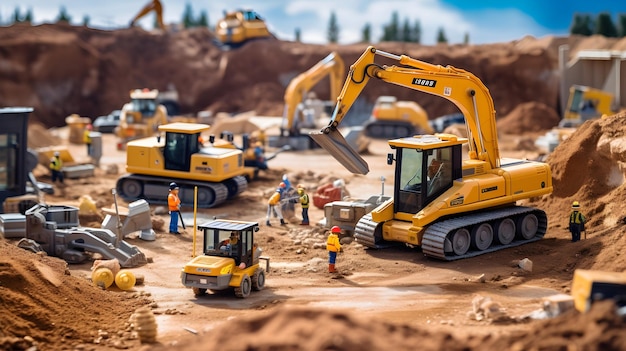 Een miniatuur bouwplaats met speelgoed bulldozers en graafmachines