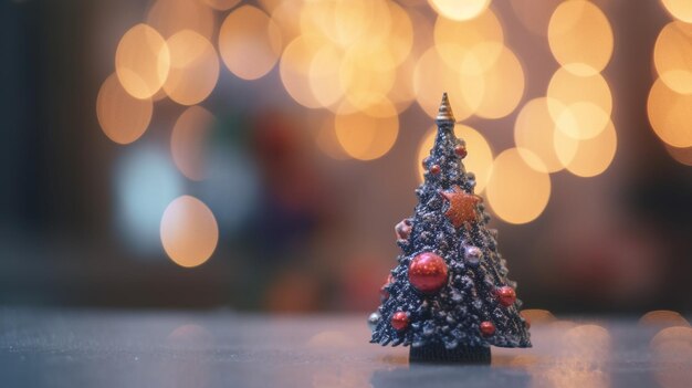 Een miniatuur kerstboom staat op een tafel op een wazige achtergrond gegenereerd door AI