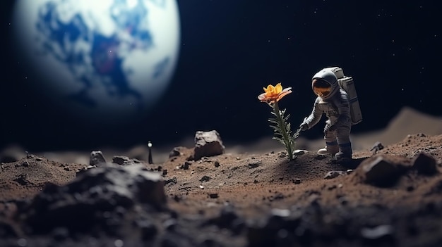 Een miniatuur ruimtevaarder vindt een kleine plant en bloemen in een woestenij in de ruimte.