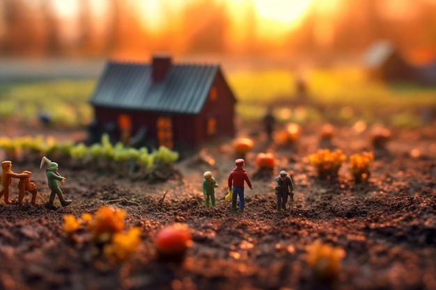 Een miniatuurtafereel van een huis en mensen die in een veld staan.